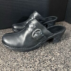 Born Leather Clog Mule Heel Braided Strap Buckle Black Women's US 10 /EU 42